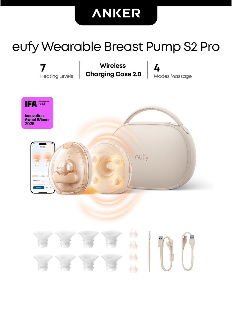 eufy Heated Massage Wearable Breast Pump S2 Pro, HeatFlow, Double-Sealed Flange, Nipple Light, DIY Rhythm, Full Milk & Leak Alerts, Wireless Charging Case, 7-Day Battery, App Control, 300 mmHg Suction - Image 1