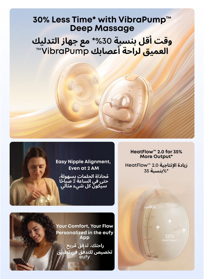 eufy Heated Massage Wearable Breast Pump S2 Pro, HeatFlow, Double-Sealed Flange, Nipple Light, DIY Rhythm, Full Milk & Leak Alerts, Wireless Charging Case, 7-Day Battery, App Control, 300 mmHg Suction - Image 2
