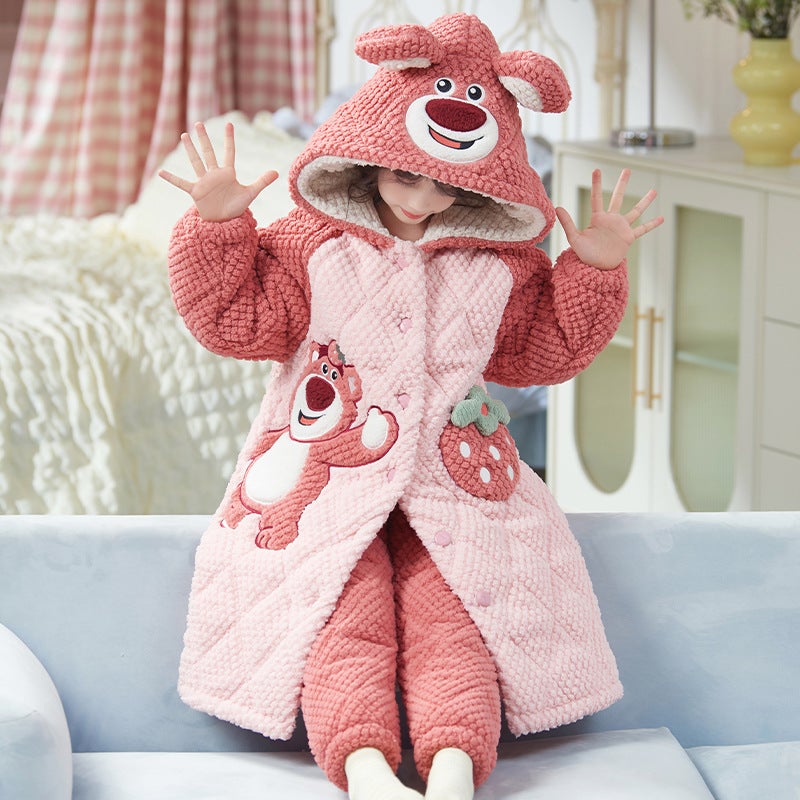 Children'S Pajamas, Coral Velvet Pajamas, Quilted And Thickened, Girls' Flannel Bathrobes, Mid-Length Home Clothes - Image 1