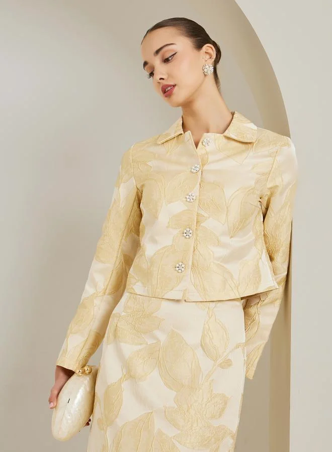 Cream Floral Jacquard Cropped Jacket