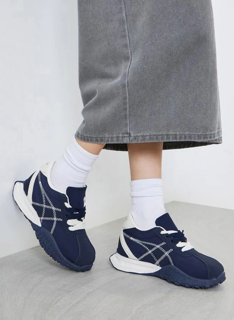 Styli Active Navy Blue Stitch Detail Lace Up Sneakers