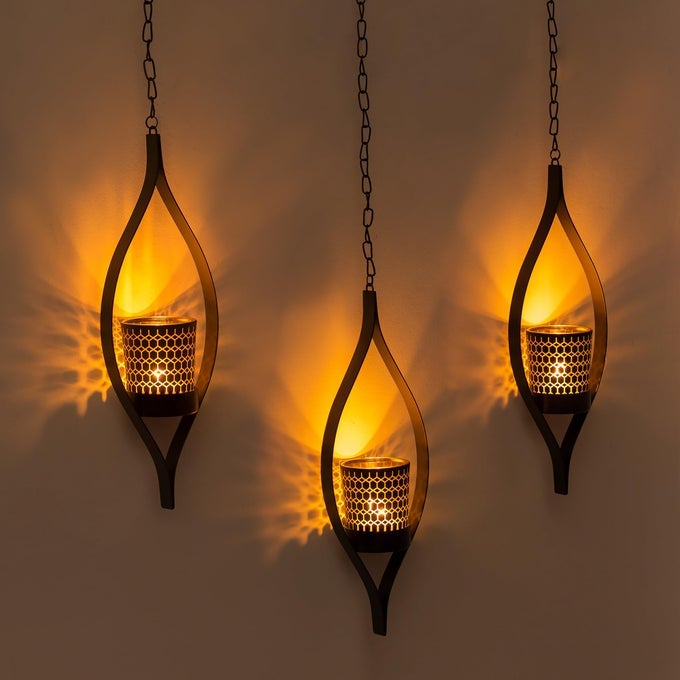 MODERN HANGING CANDLE HOLDER PATIO DECOR SET OF 3 BLACK TEA LIGHT LANTERN METAL UNIQUE HONEYCOMB DESIGN GLASS TEALIGHTS FOR WALL DECORATONS LIVING ROOM GARDEN WINDOW