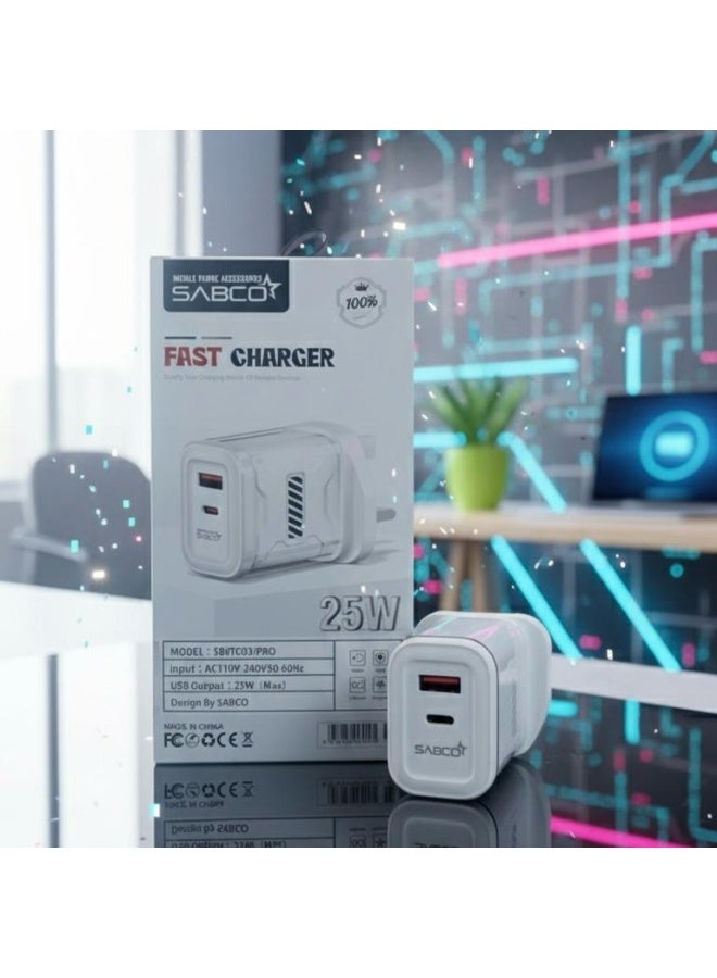 شاحن سريع ثنائي المنافذ بقدرة 25 واط | محول طاقة USB-C و USB-A - Image 1
