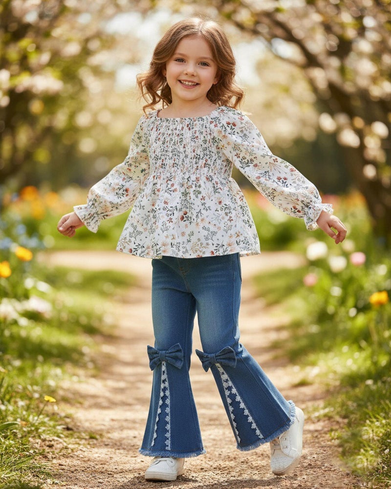 SODLON 18 Months Girl Clothes Baby Toddler 24 Month Girls Clothes Puff Sleeve Apricot Floral Smocked Square Neck Top Lace Flared Denim Pants Bell Bottom Clothing Winter Fall Jeans Outfit - Image 2