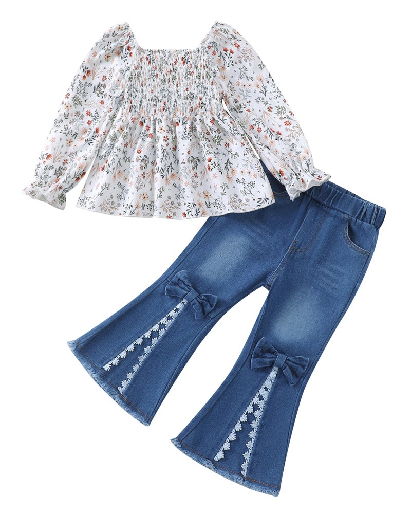 SODLON 18 Months Girl Clothes Baby Toddler 24 Month Girls Clothes Puff Sleeve Apricot Floral Smocked Square Neck Top Lace Flared Denim Pants Bell Bottom Clothing Winter Fall Jeans Outfit - Image 1