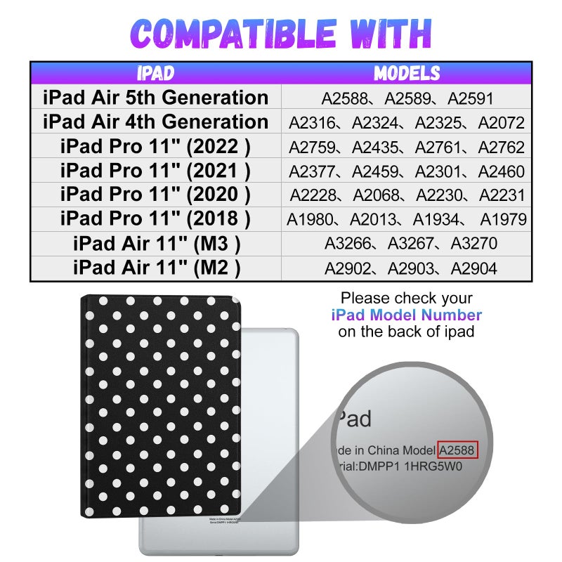 Wazzasoft for iPad Air 11 Inch M3/M2,for iPad Air 5th/4th,for iPad Pro 11 Inch(4th/3rd/2nd/1st Gen) - Smart Folio Cover (Auto Wake/Sleep) with Build-in Pencil Holder for Apple Tablet,Polka Dots - Image 2