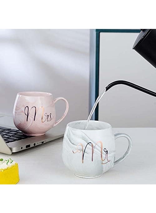 DIKUJI ENTERPRISE DIKUJI ENTERPRISE Mr and Mrs Coffee Mugs with Lid Spoon Set of 2 Wedding Gifts for Couple Ceramic Marble Cups for Bridal Engagement Wedding Married Couples Anniversary Mr and Mrs Mug  - Image 2