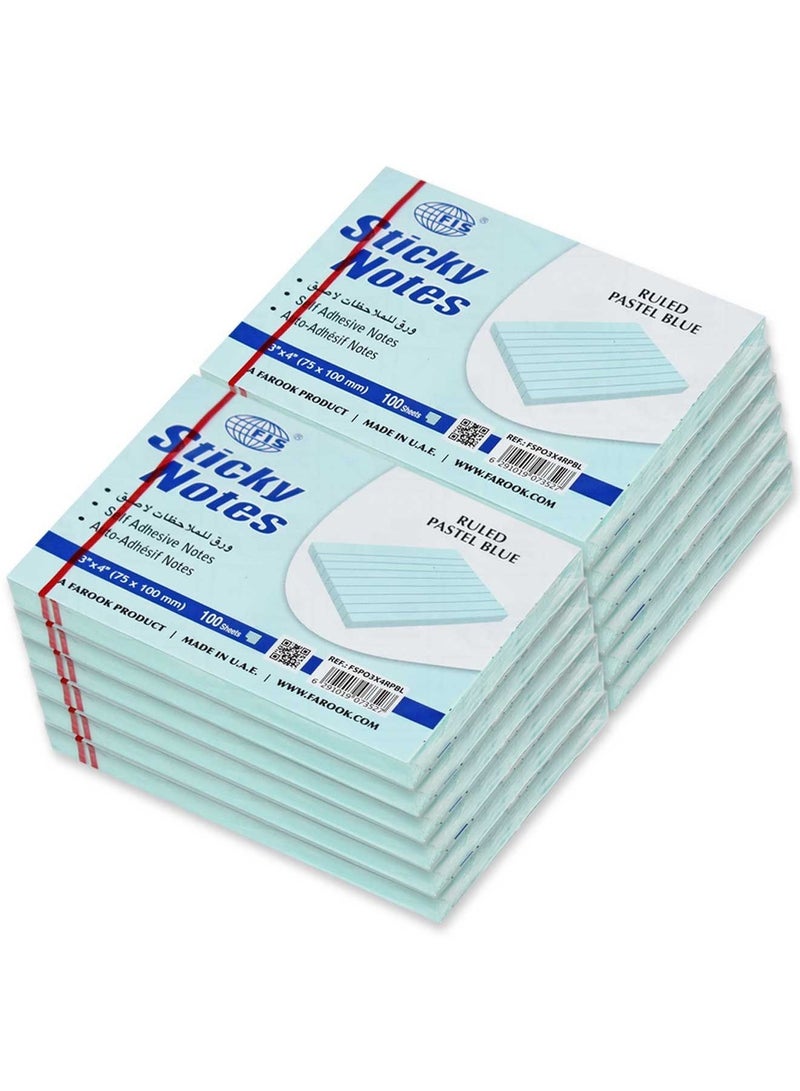 FIS Sticky Note Pad, 3X4 inches, Pack of 12, Ruled Pastel Blue -FSPO3X4RPBL - Image 1
