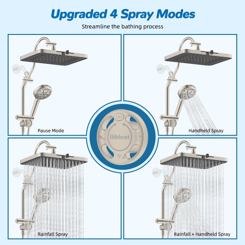 Hibbent cUPC Certified 13'' Shower Head Combo, High Pressure 5 Spray Rainfall Showerhead, 10 Spray Handheld, All Metal Easy Reach 4-way Diverter Arm with Pause Mode, 71'' Hose & Holder, Brushed Nickel - Image 4