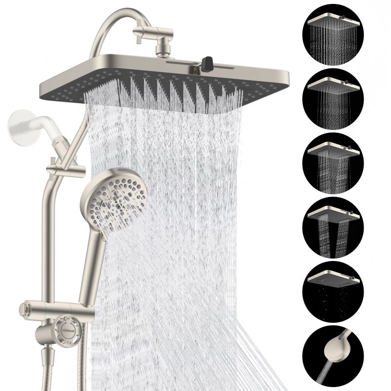 Hibbent cUPC Certified 13'' Shower Head Combo, High Pressure 5 Spray Rainfall Showerhead, 10 Spray Handheld, All Metal Easy Reach 4-way Diverter Arm with Pause Mode, 71'' Hose & Holder, Brushed Nickel - Image 1