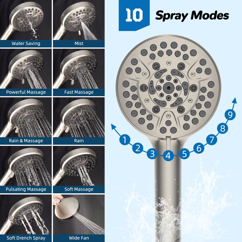 Hibbent cUPC Certified 13'' Shower Head Combo, High Pressure 5 Spray Rainfall Showerhead, 10 Spray Handheld, All Metal Easy Reach 4-way Diverter Arm with Pause Mode, 71'' Hose & Holder, Brushed Nickel - Image 3