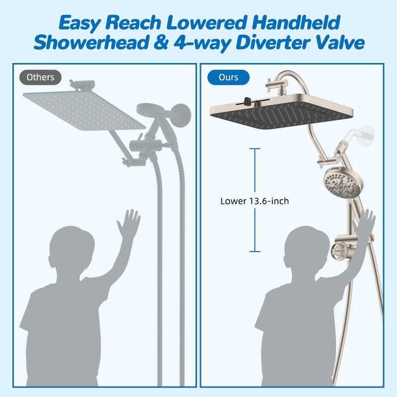 Hibbent cUPC Certified 13'' Shower Head Combo, High Pressure 5 Spray Rainfall Showerhead, 10 Spray Handheld, All Metal Easy Reach 4-way Diverter Arm with Pause Mode, 71'' Hose & Holder, Brushed Nickel - Image 5