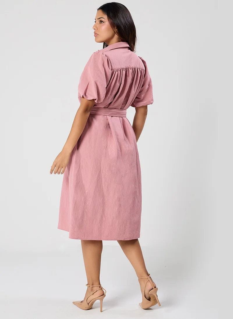 Zigzag Trim Detailed Buckle Attached Pink Dress