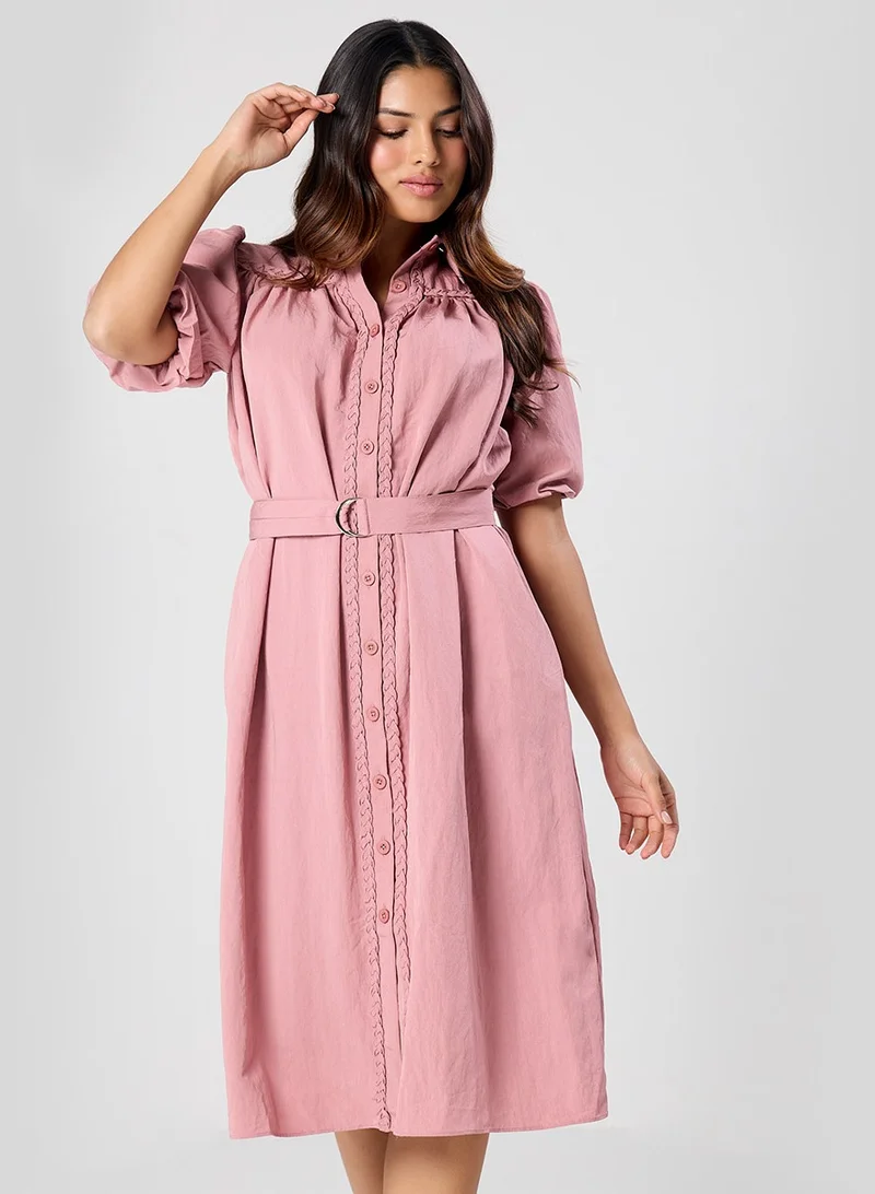 Zigzag Trim Detailed Buckle Attached Pink Dress