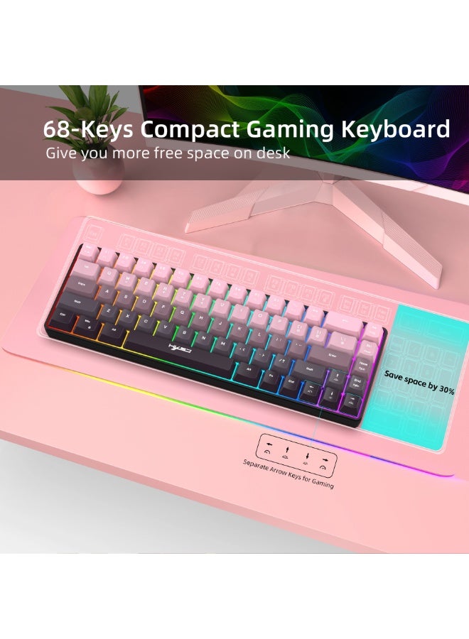 إتش إكس إس جيه لوحة مفاتيح ألعاب HXSJ ثلاثية الوضع RGB 68 مفتاحًا - لوحة مفاتيح سلكية/لاسلكية 2.4 جيجا هرتز/بلوتوث مع أغطية مفاتيح وردية متدرجة، مفاتيح التشغيل السريع والتحكم في مستوى الصوت، مضادة للظلال، تصميم مدمج للكمبيوتر الشخصي/الكمبيوتر المحمول/Mac - Image 4