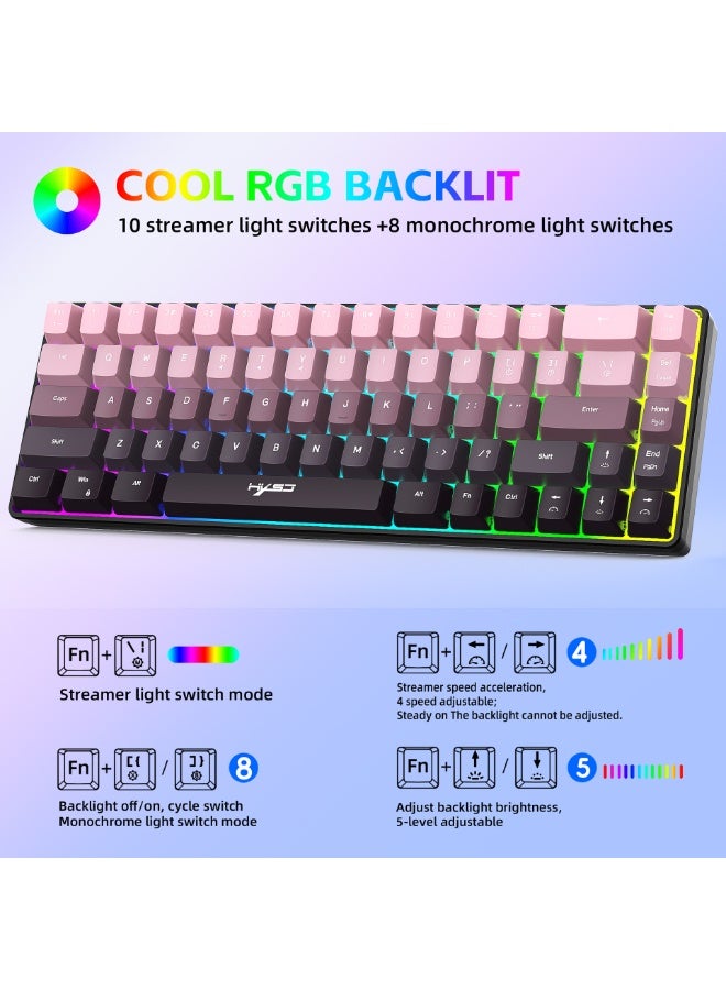 إتش إكس إس جيه لوحة مفاتيح ألعاب HXSJ ثلاثية الوضع RGB 68 مفتاحًا - لوحة مفاتيح سلكية/لاسلكية 2.4 جيجا هرتز/بلوتوث مع أغطية مفاتيح وردية متدرجة، مفاتيح التشغيل السريع والتحكم في مستوى الصوت، مضادة للظلال، تصميم مدمج للكمبيوتر الشخصي/الكمبيوتر المحمول/Mac - Image 3