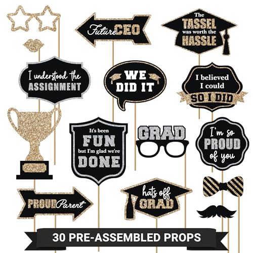 Perfect Occasion Fully Assembled Graduation Photo Booth Props - Set of 30 - Class of 2025 Graduation Selfie Signs - Congrats Grad Party Supplies & Decorations - with Real Gold & Silver Glitter - Did We Mention No DIY - Image 5