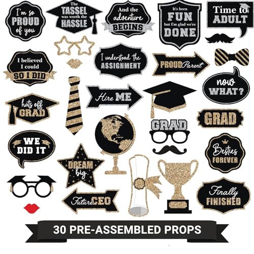 Perfect Occasion Fully Assembled Graduation Photo Booth Props - Set of 30 - Class of 2025 Graduation Selfie Signs - Congrats Grad Party Supplies & Decorations - with Real Gold & Silver Glitter - Did We Mention No DIY - Image 1