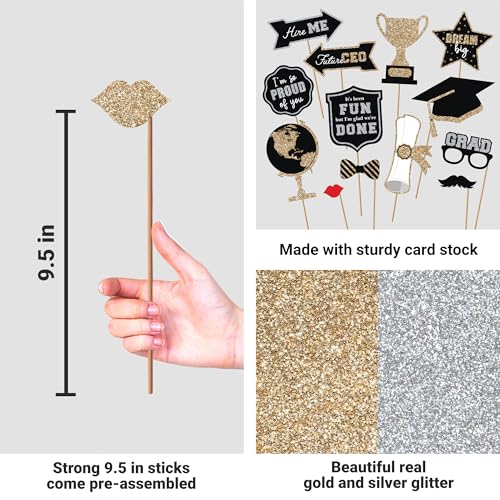Perfect Occasion Fully Assembled Graduation Photo Booth Props - Set of 30 - Class of 2025 Graduation Selfie Signs - Congrats Grad Party Supplies & Decorations - with Real Gold & Silver Glitter - Did We Mention No DIY - Image 4