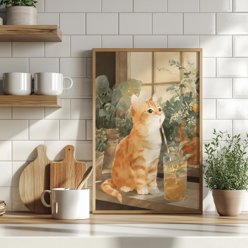 TNESSENTIAL Cute Orange Cat Sipping Lemonade Watercolor Art Poster or Canvas Print, Charming Cat on Porch Botanical Illustration, Whimsical Wall Decor - Image 1