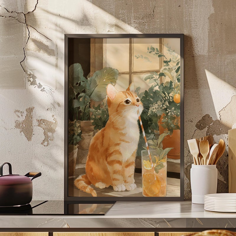 TNESSENTIAL Cute Orange Cat Sipping Lemonade Watercolor Art Poster or Canvas Print, Charming Cat on Porch Botanical Illustration, Whimsical Wall Decor - Image 3