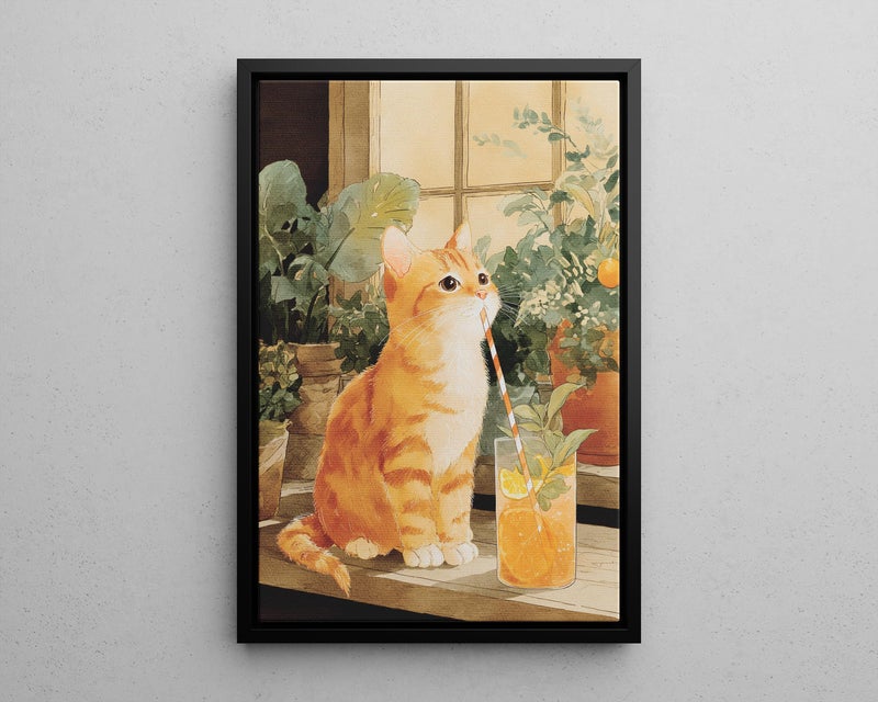 TNESSENTIAL Cute Orange Cat Sipping Lemonade Watercolor Art Poster or Canvas Print, Charming Cat on Porch Botanical Illustration, Whimsical Wall Decor - Image 5