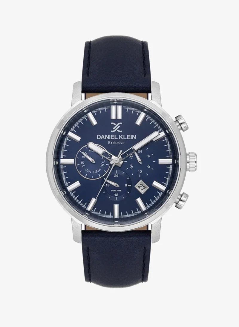 DANIEL KLEIN Men's Leather Silver Alloy Case Analog Blue Round Sunray Dial Japanese Quartz Exclusive 50 Meters Water Resistant