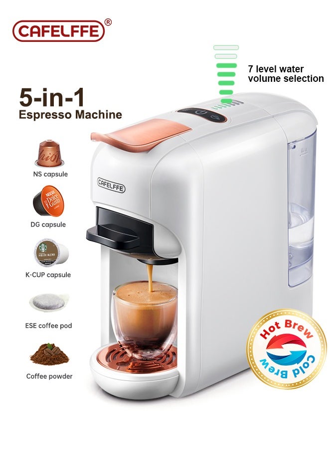 Cafelffe - New 5 In 1 Automatic Capsule Coffee Machine Hot Cold Espresso Coffee Maker With 7 Levels LED Bar Indicator For Nes Capsule DG Capsule Kcup Capsule ESE Pod And Powder 0.6L White - Image 1