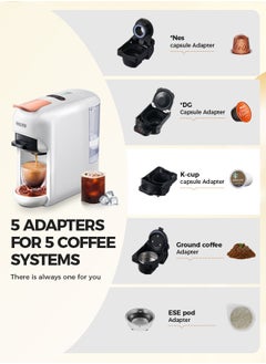 Cafelffe New 5 In 1 Automatic Capsule Coffee Machine Hot Cold Espresso Coffee Maker With 7 Levels LED Bar Indicator For Nes Capsule DG Capsule Kcup Capsule ESE Pod And Powder 0.6L White  - Image 2