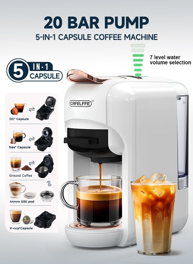 كافلف ماكينة صنع قهوة الكبسولة الأوتوماتيكية الجديدة 5 في 1 لصنع قهوة الإسبريسو الساخنة والباردة مع مؤشر شريط LED بـ 7 مستويات لكبسولات Nes وDG وKcup وESE ومسحوق القهوة 0.6 لتر باللون الأبيض - Image 1