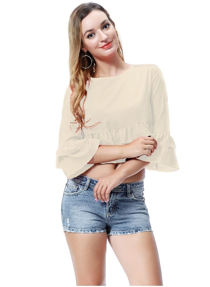 Loquat Women's Solid Color Round Neck Top Loose Ruffled Blouse Beige 