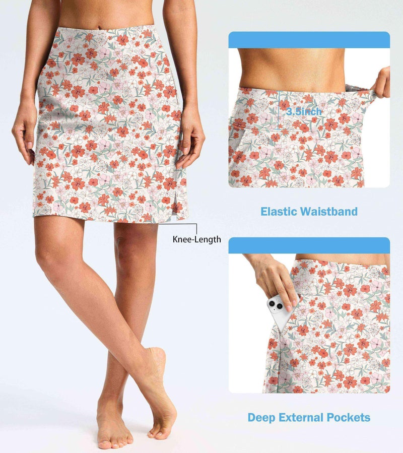Viodia Women's 20" Long Swim Skirt Skort High Waisted Modest Bathing Suit Swimsuit Bottoms Beach Tankini Bikini with Skirt Orange Flower - Image 3