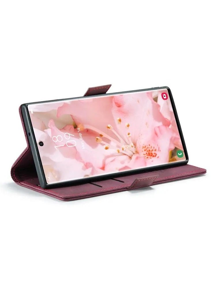 Samsung Galaxy S23 Ultra Stand Function Fully Wrapped PU Leather Wallet Case Magnetic Auto-absorbed Phone Case - Wine Red