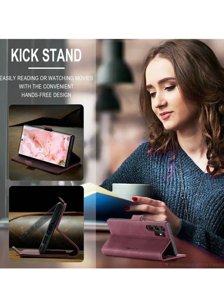 Samsung Galaxy S23 Ultra Stand Function Fully Wrapped PU Leather Wallet Case Magnetic Auto-absorbed Phone Case - Wine Red