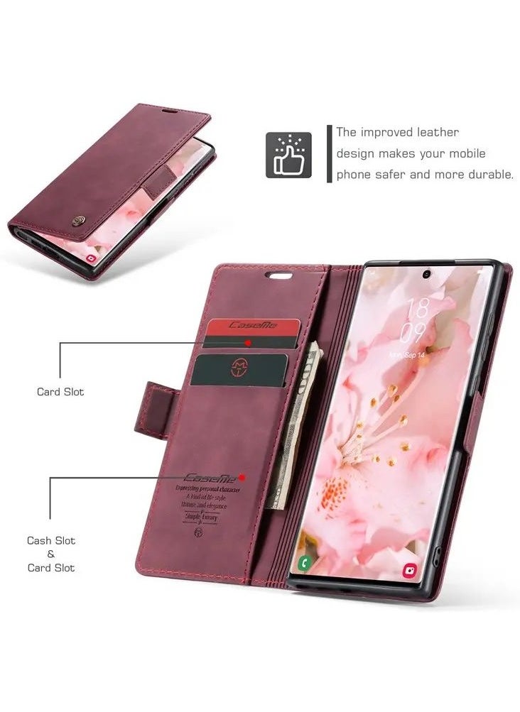 Samsung Galaxy S23 Ultra Stand Function Fully Wrapped PU Leather Wallet Case Magnetic Auto-absorbed Phone Case - Wine Red