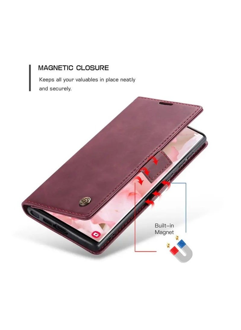 Samsung Galaxy S23 Ultra Stand Function Fully Wrapped PU Leather Wallet Case Magnetic Auto-absorbed Phone Case - Wine Red