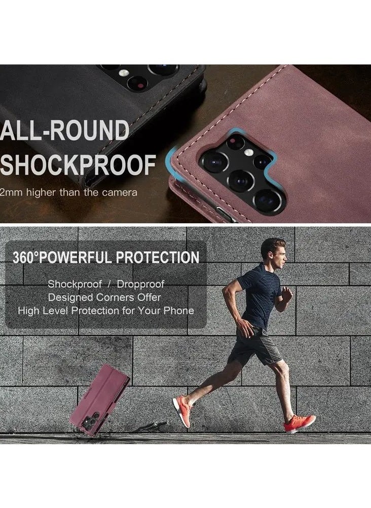 Samsung Galaxy S23 Ultra Stand Function Fully Wrapped PU Leather Wallet Case Magnetic Auto-absorbed Phone Case - Wine Red