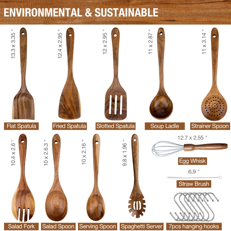 WOODme Teak Wood Cooking Utensils Set - 9-Piece Nonstick Safe Kitchen Utensils with Holder, Spoon Rest & 6 Metal Hooks, Natural Wooden Cookware for Nonstick Pans (Premium Durable Utensil Set - Image 2