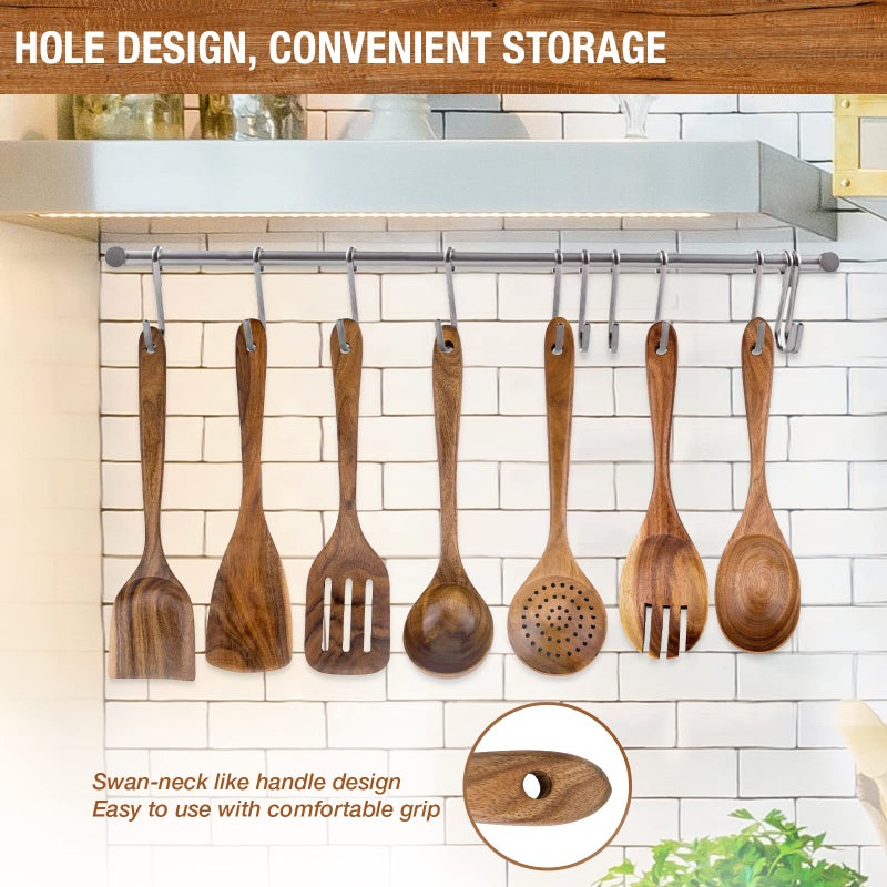 WOODme Teak Wood Cooking Utensils Set - 9-Piece Nonstick Safe Kitchen Utensils with Holder, Spoon Rest & 6 Metal Hooks, Natural Wooden Cookware for Nonstick Pans (Premium Durable Utensil Set - Image 4