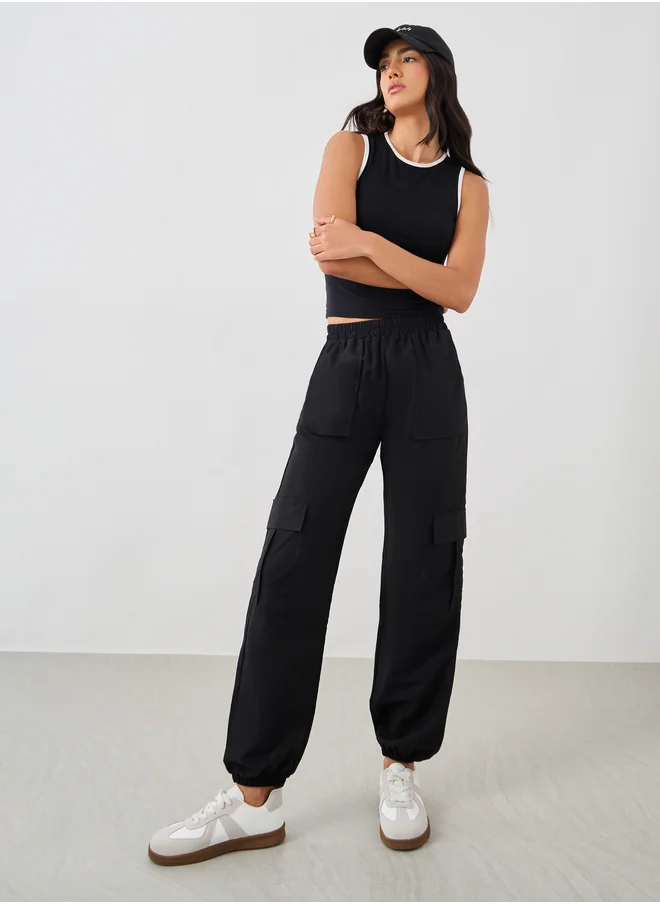 تايك تو Take Two Women Black Solid Elasticated Waistband Cargo Pants