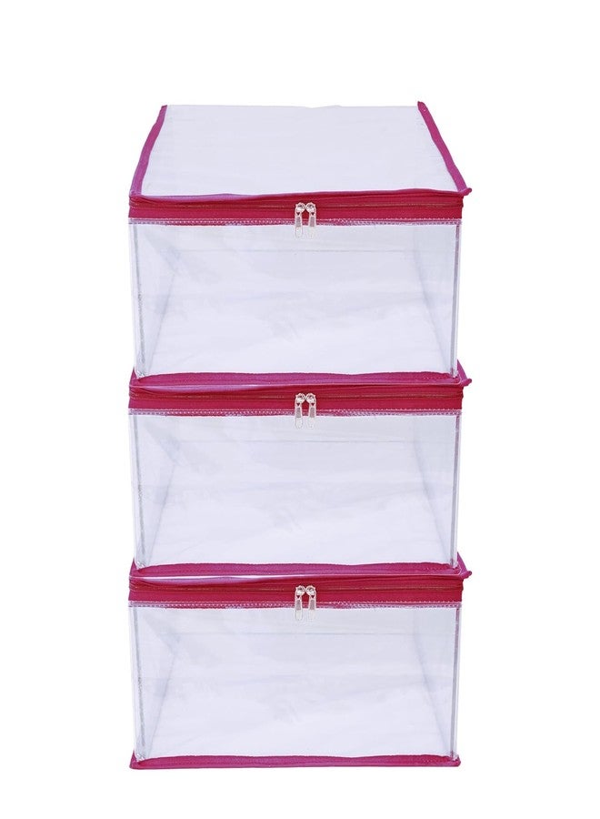 ABBASI Saree Cover Storage Bag Big for Clothes with Zip Organizer for Wardrobe, transparent Large Design Boxes (Pink, Pack of 3) - Image 1