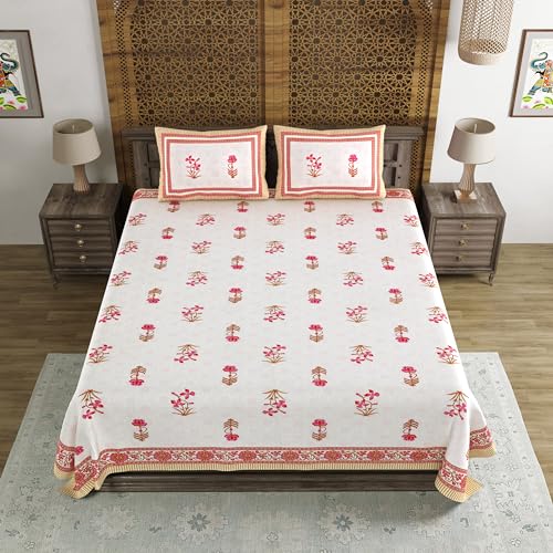 BLOCKS OF INDIA Hand Block Printed 200 TC Cotton King Size Bedsheet (Pink Peach Flower) - Image 2