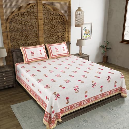 BLOCKS OF INDIA Hand Block Printed 200 TC Cotton King Size Bedsheet (Pink Peach Flower) - Image 3