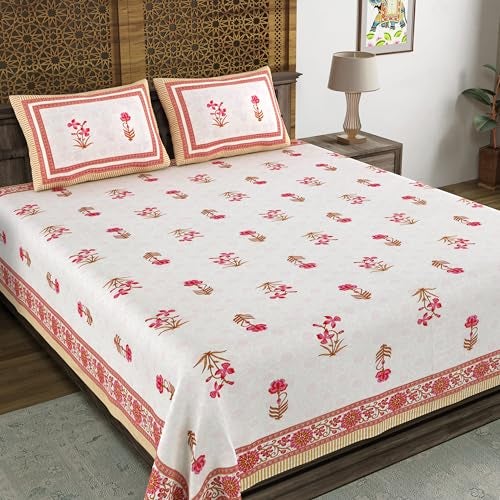 BLOCKS OF INDIA Hand Block Printed 200 TC Cotton King Size Bedsheet (Pink Peach Flower) - Image 1
