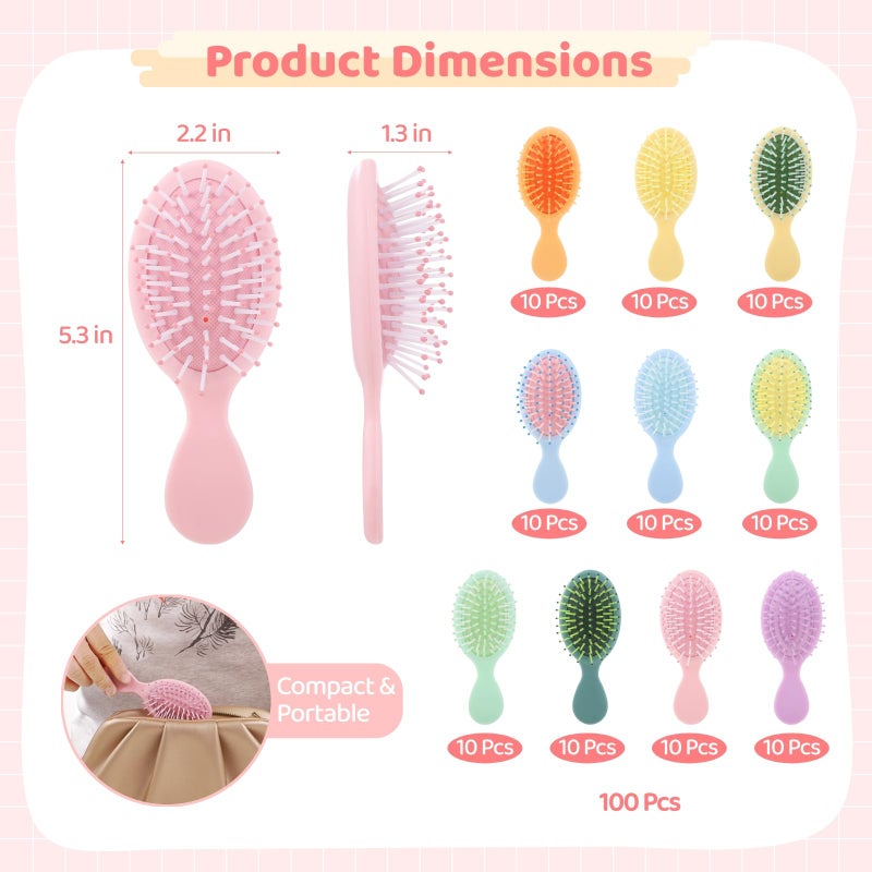 Homaisson 100 Pcs Mini Wet Hair Brushes, Travel Detangling Hairbrushes, Soft Cushion Tangle-less Hair Combs for Dry & Wet Hair, Compact for Little Ones and Adults, 10 Colors, Ideal for Home, Travel - Image 2