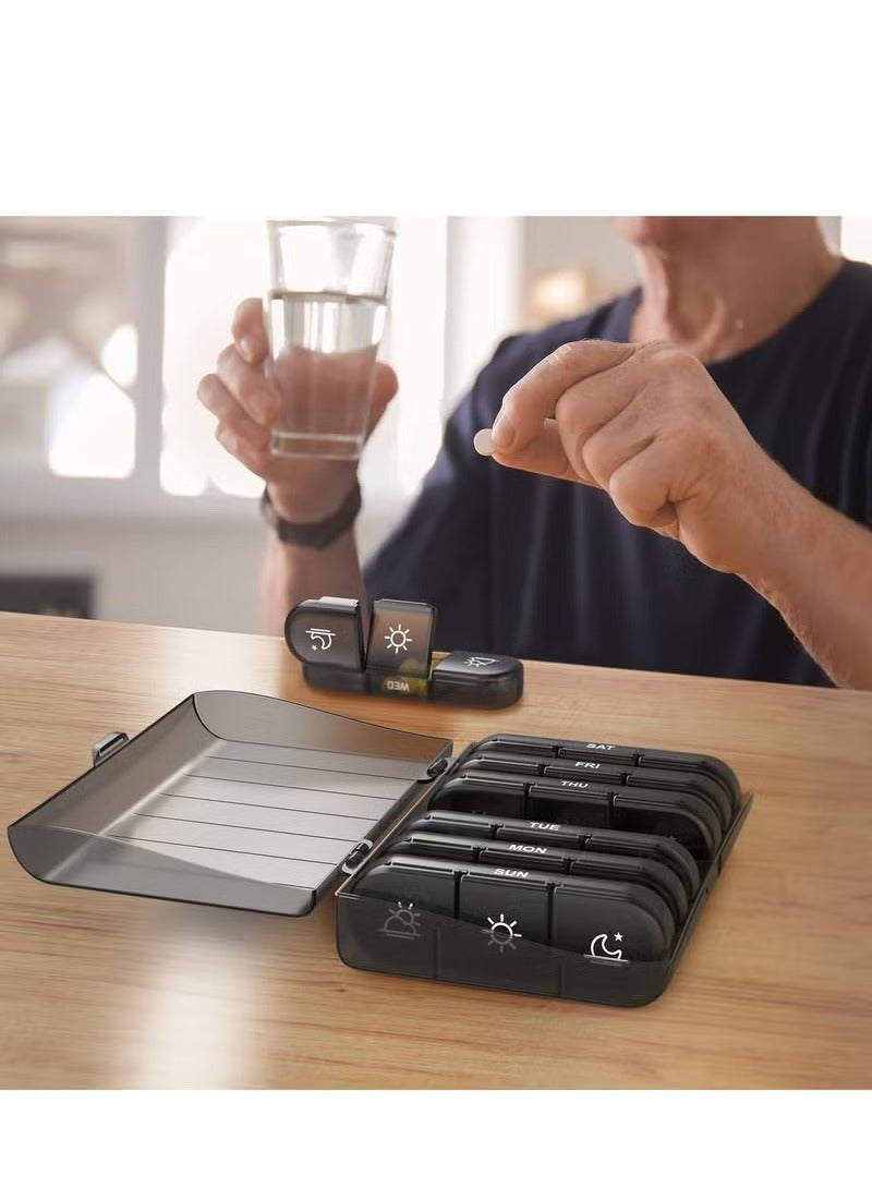 Weekly Pill Organizer 3 Times A Day, Portable Travel Pill Box 7 Day with Large Compartments, Portable Travel Pill Case for Vitamins, Medicine, Fish Oils, Supplements (Black)