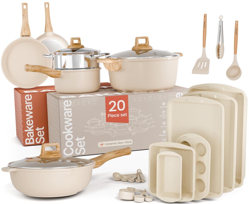 BAKKENMASTER Bakken Master 20 Piece Cookware Set - Pots and Pans with Handle Grips and Tempered Glass Lids, With 6-piece Bakeware Set, Nonstick Granite Coating, Ceramic Max Temperature (Up To 500° F), Cream - Image 1