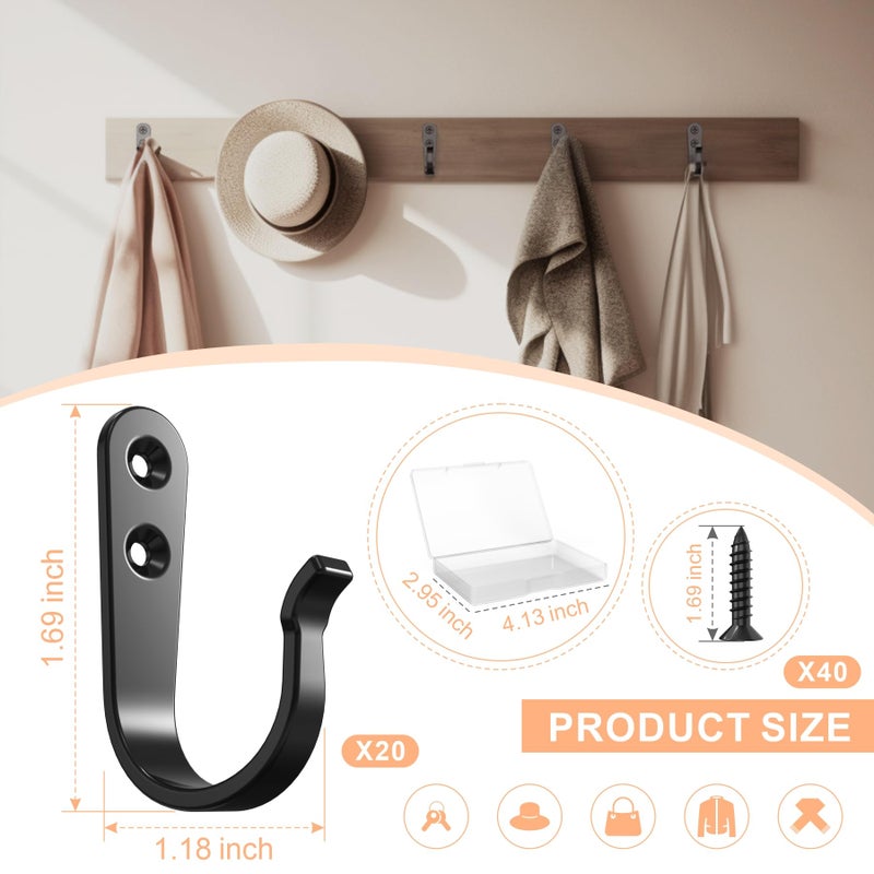 BREYDROK 20PCS Heavy Duty Metal Coat Hooks for Wall, Single Prong Hanging Hooks with 40 Screws for Towels, Backpacks, Hats & Dog Leashes - Image 5