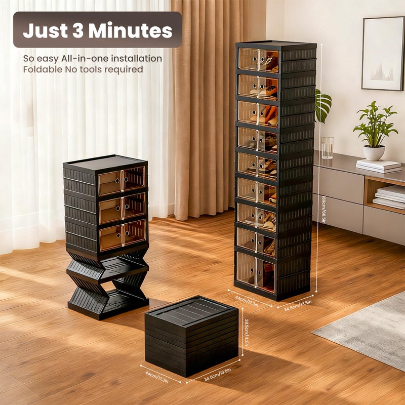 Tykacna Foldable Shoe Organizer Storage Box, Portable Extra Large Folding Shoe Rack for Closet, Shoe Storage Box with Magnetic Transparent Door and Wheels, 9 Layers 18 Grids with 2 Big Grids - Image 2
