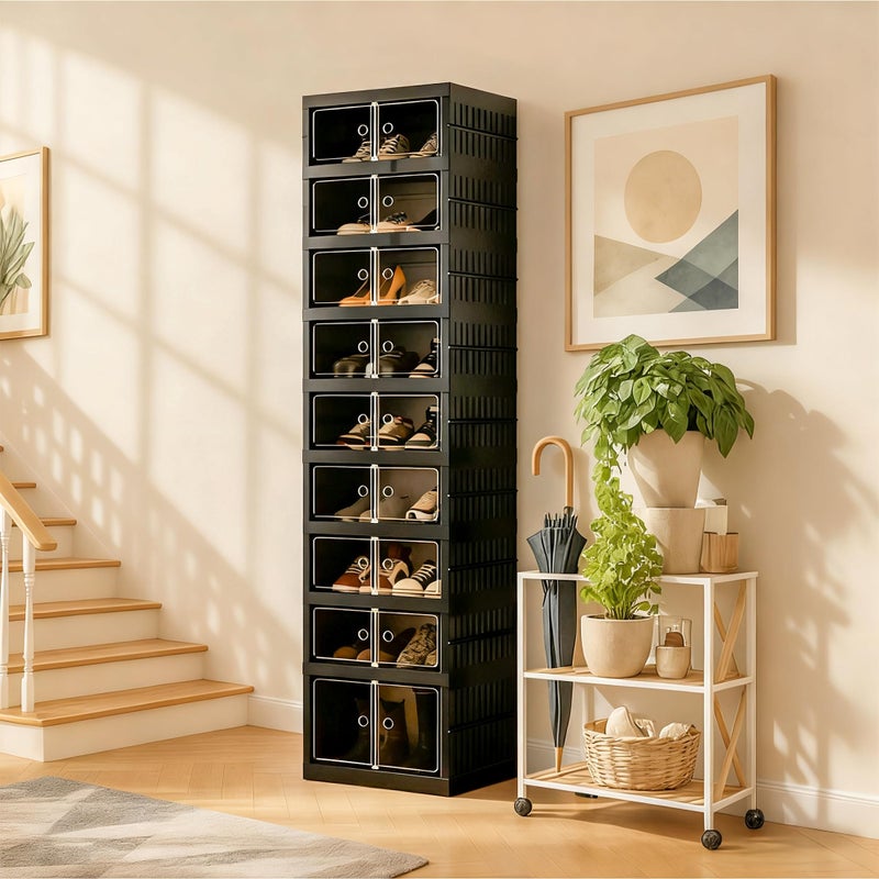 Tykacna Foldable Shoe Organizer Storage Box, Portable Extra Large Folding Shoe Rack for Closet, Shoe Storage Box with Magnetic Transparent Door and Wheels, 9 Layers 18 Grids with 2 Big Grids - Image 1